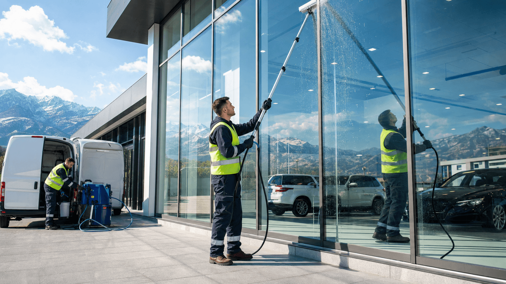 Modern glass-front showroom with blue-tinted facade, cleaner on lift washing windows in bright daylight.
