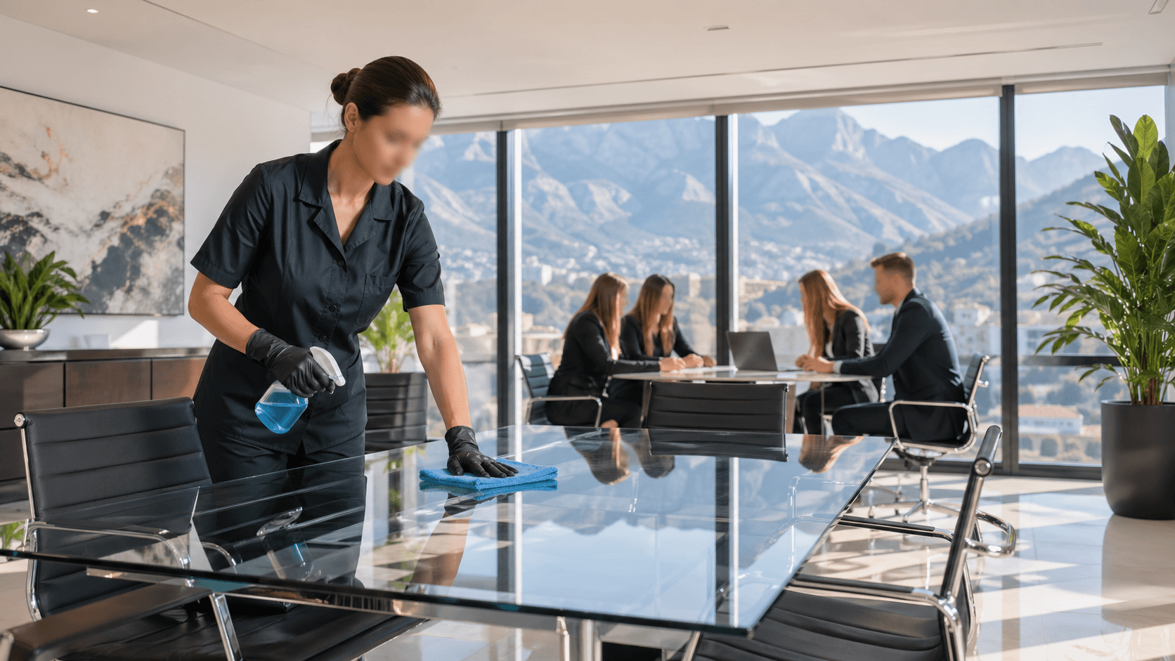 Bright modern office with tidy desks and a cleaner wiping a glass table, sunlight streaming through large windows