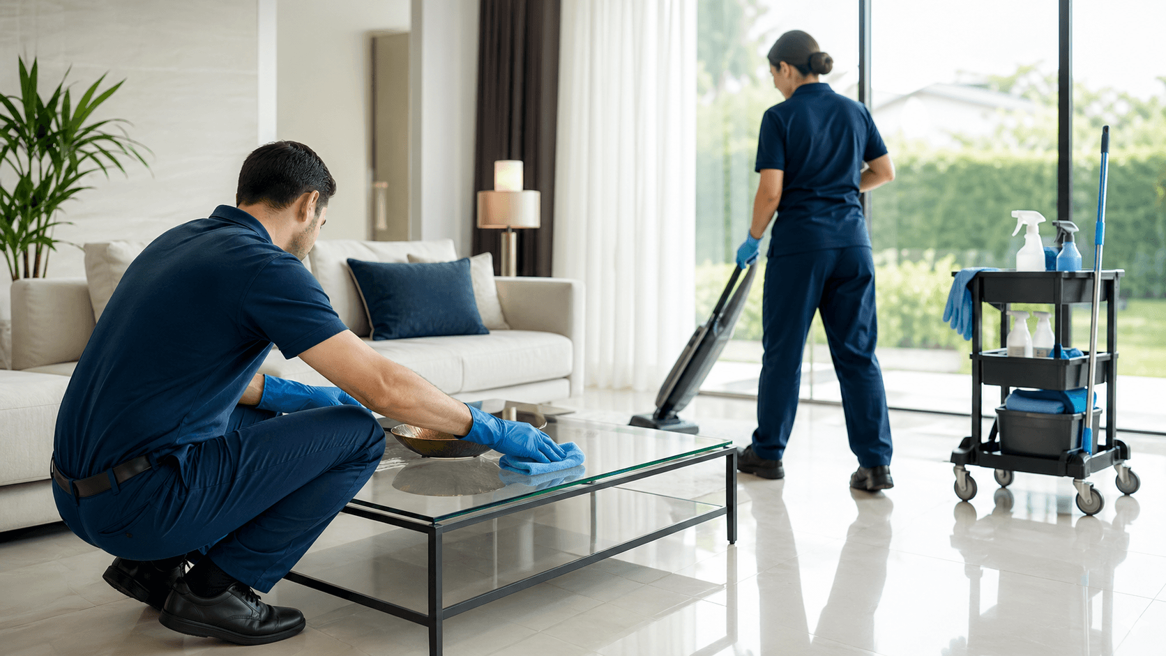 Bright, tidy modern room with cleaning spray, sponge, and gloves on a countertop in soft natural light.