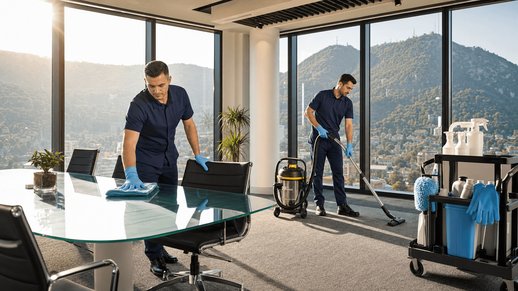 Modern office interior with a cleaner holding supplies, bright sunlight, and a mountain skyline visible through windows